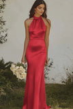 Dusty Sage Sheath Halter Backless Long Satin Bridesmaid Dress